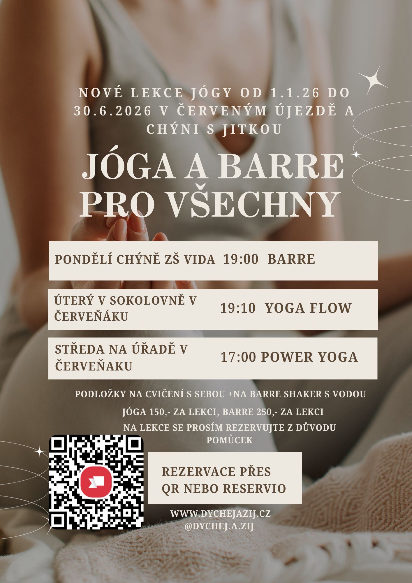 Nové lekce jógy od 1.1.26 do 30.6.2026 v Červeném Újezdě a Chýni s Jitkou